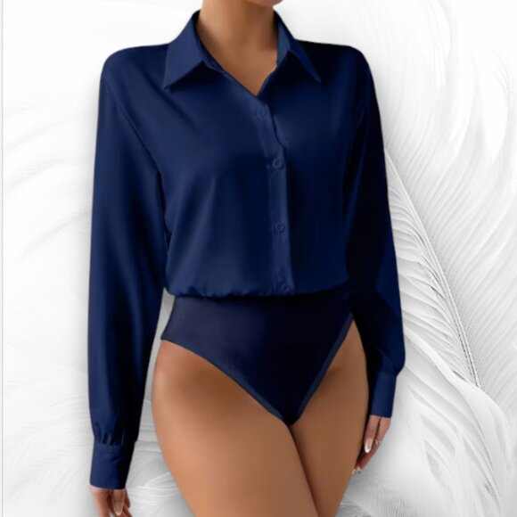 Tops - Navy Long Sleeve Button-Up Bodysuit Shirt – Size L